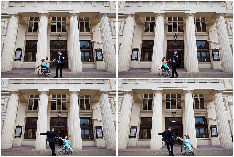 2012-06-03_007 bride and groom dancing with wheelchair in front of Brighton Town Hall